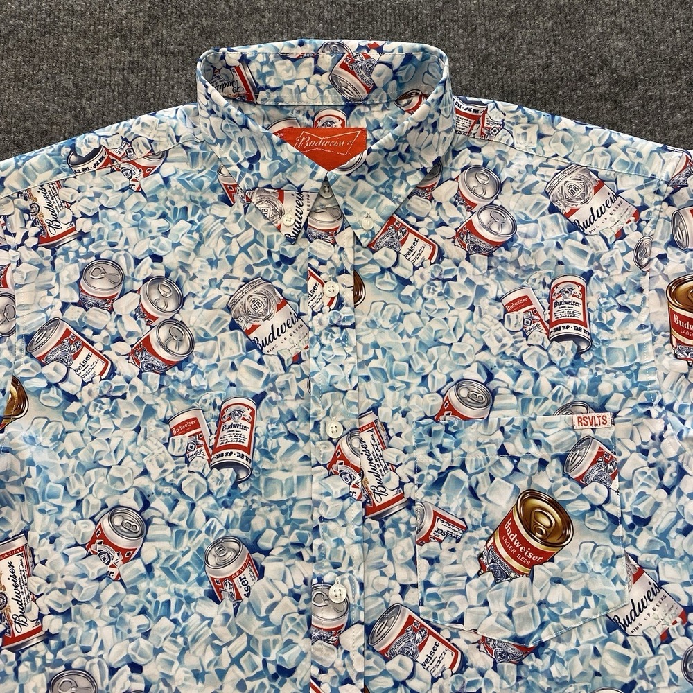 RSVLTS Budweiser Short Sleeve KUNUFLEX Button Shirt Mens Medium All Over Beer